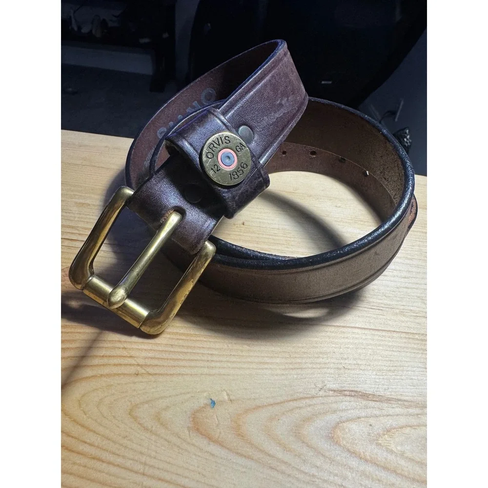 Orvis Mens 42  Leather Shotgun Shell Belt Solid Brass Made in USA 9K39 preloved